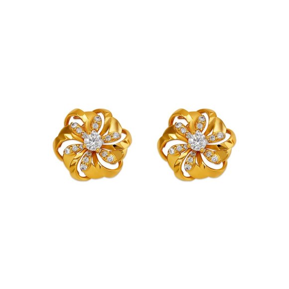 14k REAL GOLD Fancy Flower Stud CZ Earrings 12MM - Picture 1 of 4